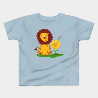 Puzzled Cute Lion with Funny Sunflower Kids T-Shirt